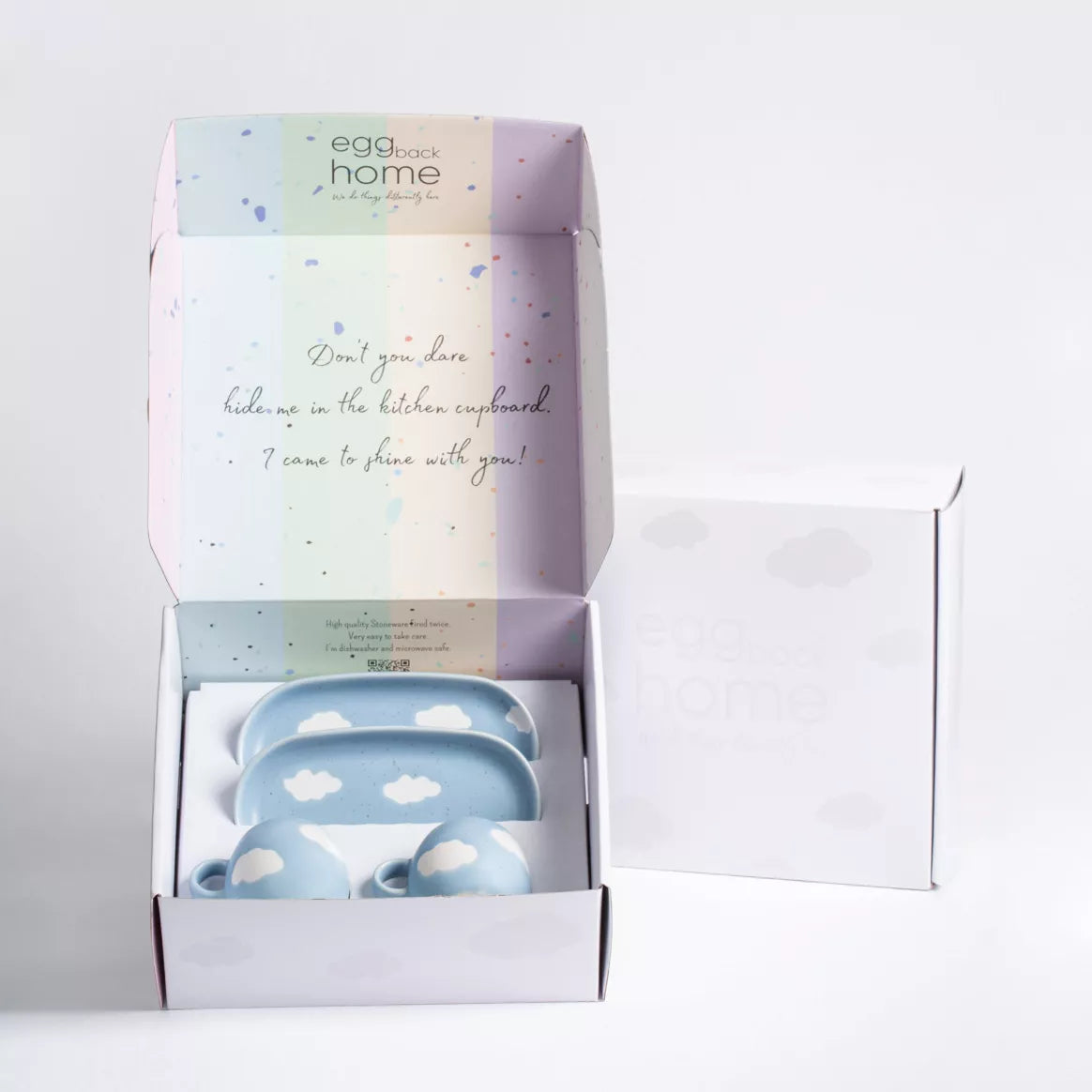 Lot de 2 tasses expresso + 2 plateaux - nuage bleu
