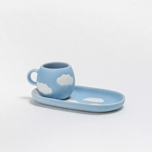Lot de 2 tasses expresso + 2 plateaux - nuage bleu