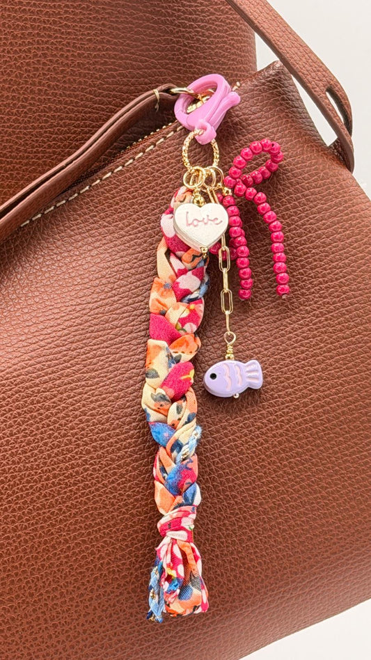 Porte-clé -  cordon tressé rose